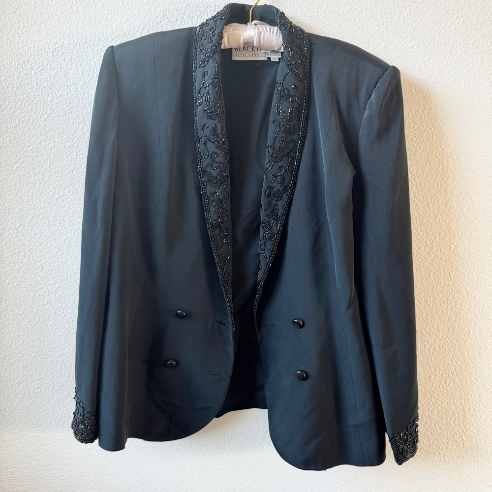 Oleg Cassini Black Tie 100% Silk Vintage Embroidered Beaded Black Blazer Size 14